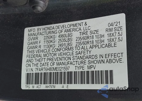 2021 Honda Cr-V Hybrid Ex-L from USA, damaged, VIN 7FART6H80ME021597